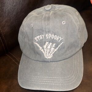 Stay Spooky Gray Baseball Cap Halloween festive skeleton hang loose